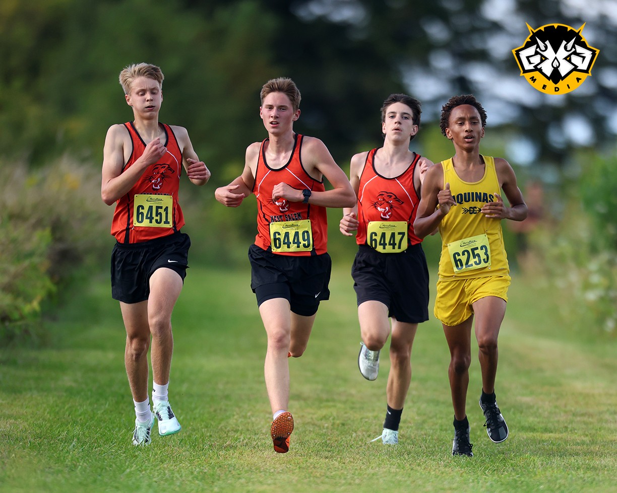 West Salem's Andrew Lorenz, Carson Gronemus and Evan Berra keep pace with Aquinas' Kaleb Zene during the second half of the 4K race at Westby Tuesday afternoon. Berra would win the race with a time of 13:46.3 with Azena and Gronemus in second and third. -- PHOTO BY NATE BEIER /GX3 MEDIA