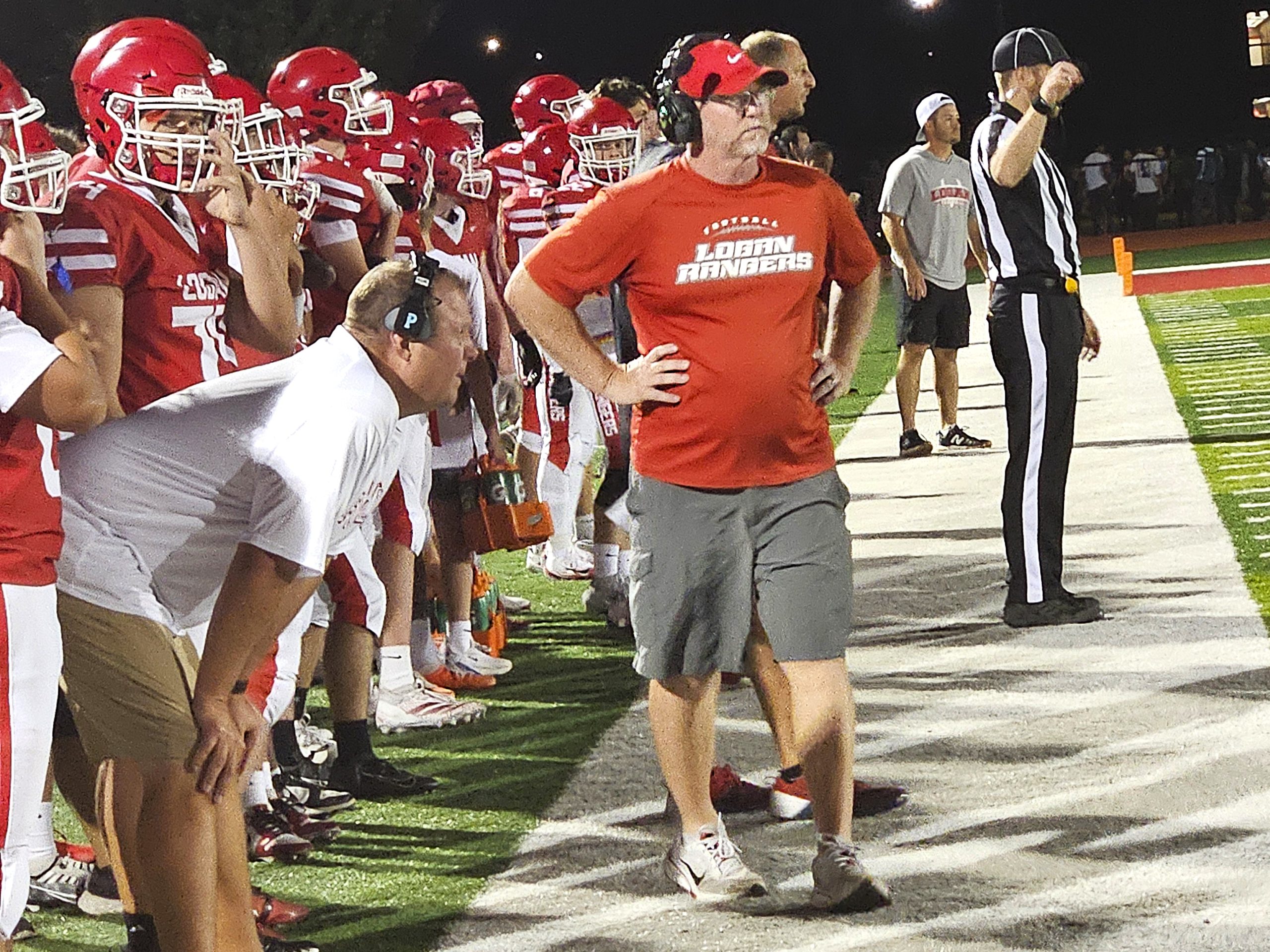 Logan football coach Casey Knoble watches his Rangers in a nonconference game against Ellsworth. -- TODD SOMMERFELDT PHOTO