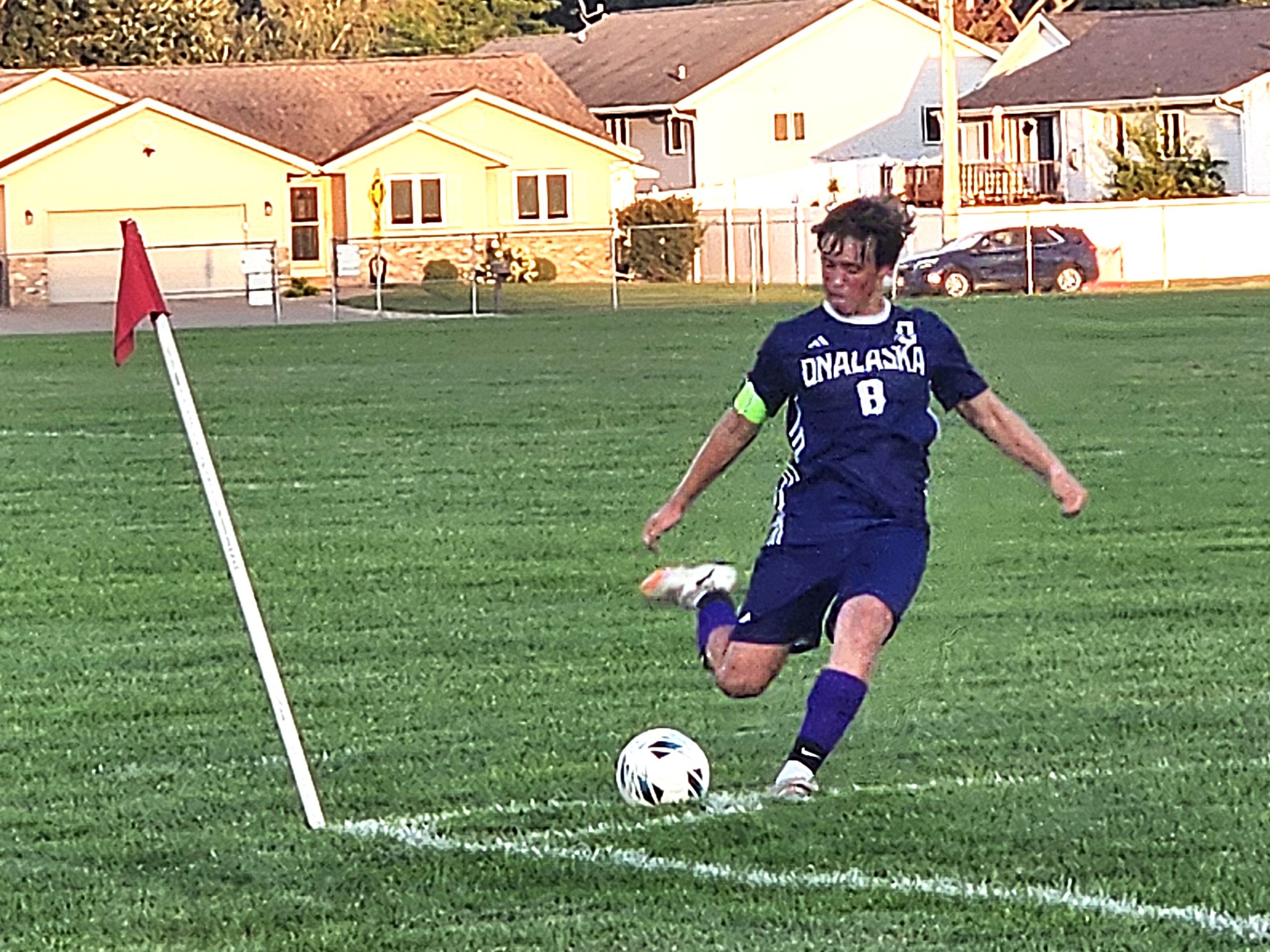 Onalaska senior Colton Klein takes a corner kick during a soccer game against Chippewas Falls. -- TODD SOMMERFELDT PHOTO
