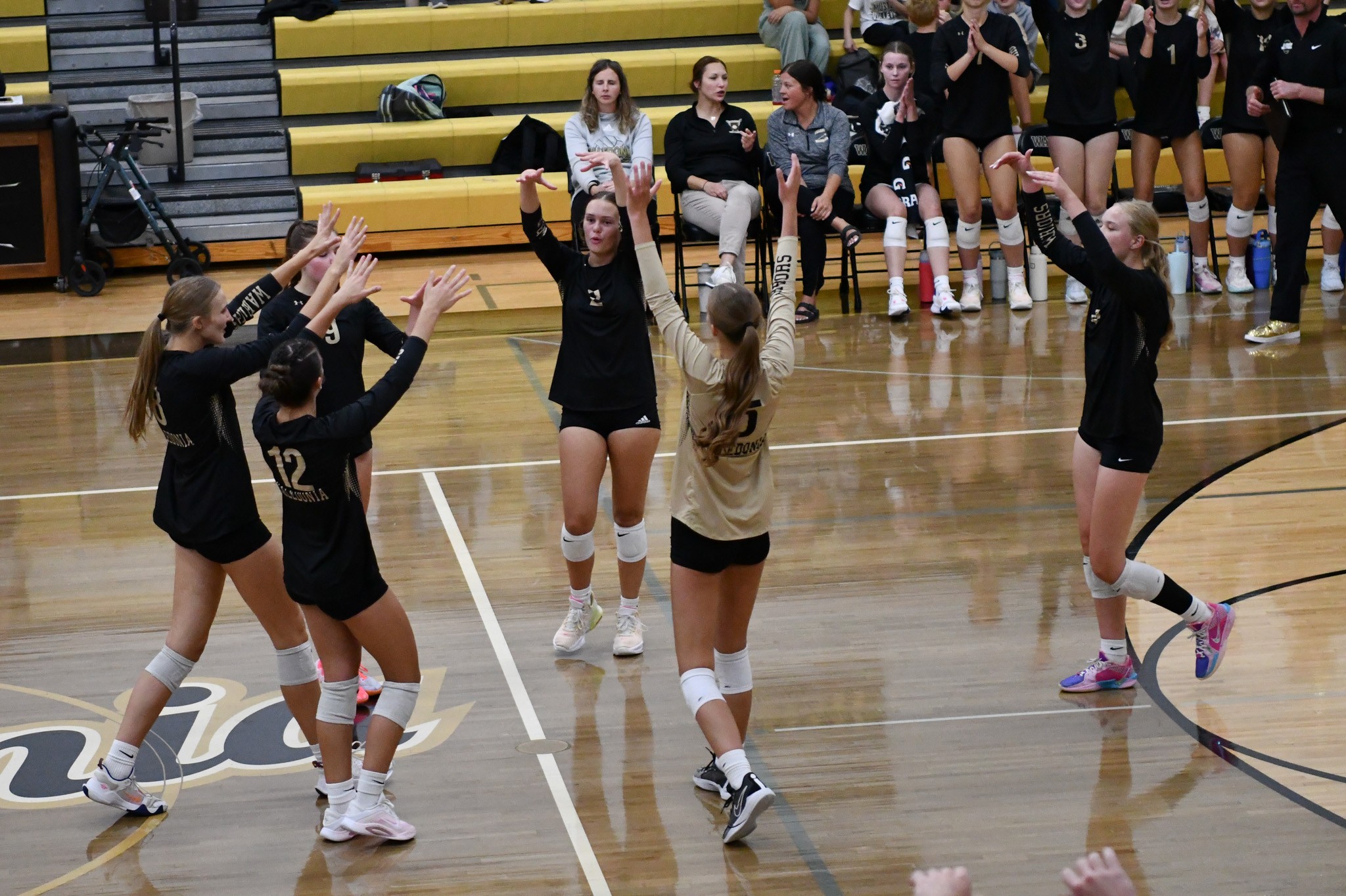 The Caledonia volleyball team celebrates during its sweep of La Crescent-Hokah on Thursday. -- SUBMITTED PHOTO