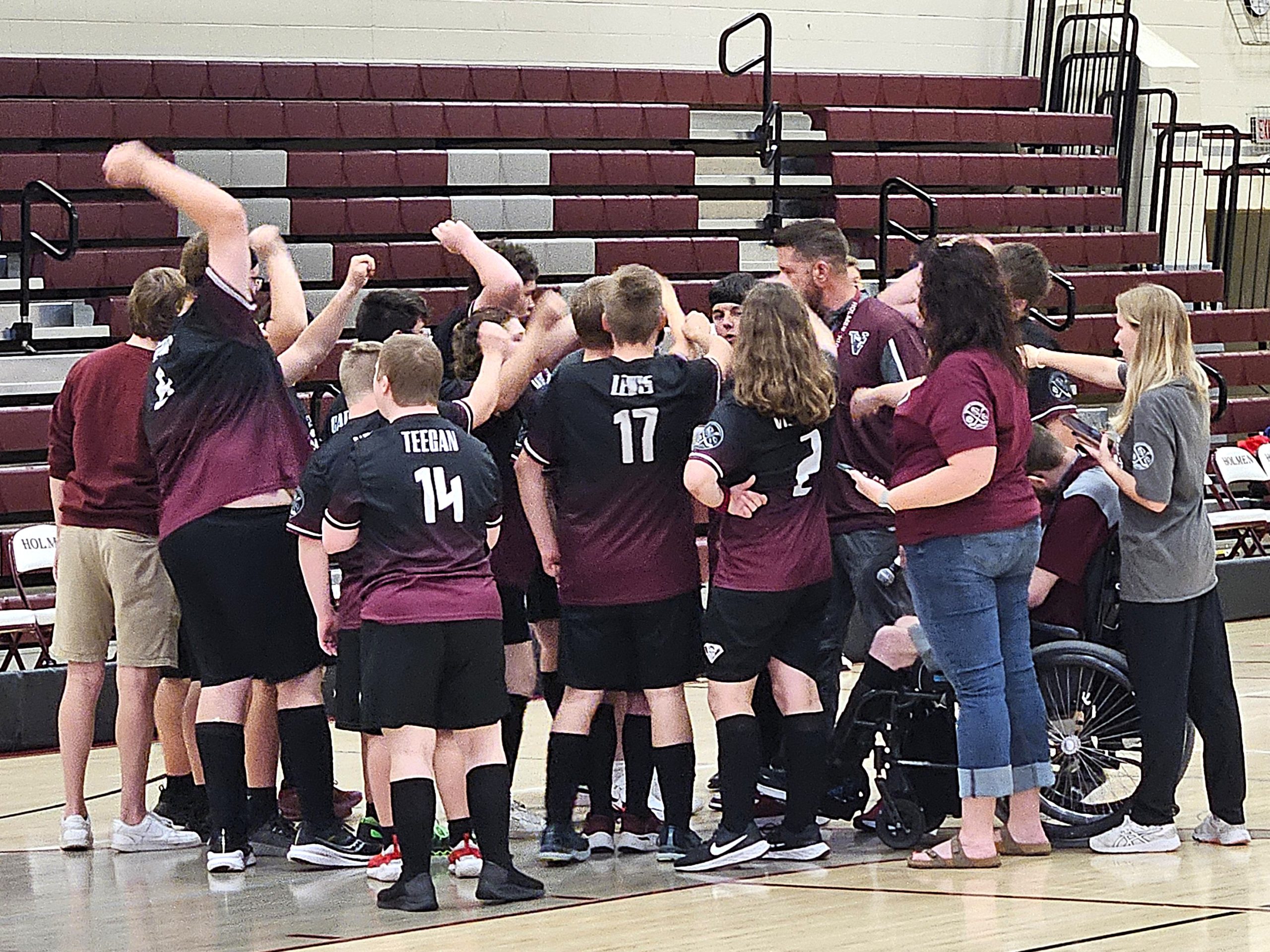 The Holmen ASL soccer team breaks a huddle during Thursday's game against Central. -- TODD SOMMERFELDT PHOTO