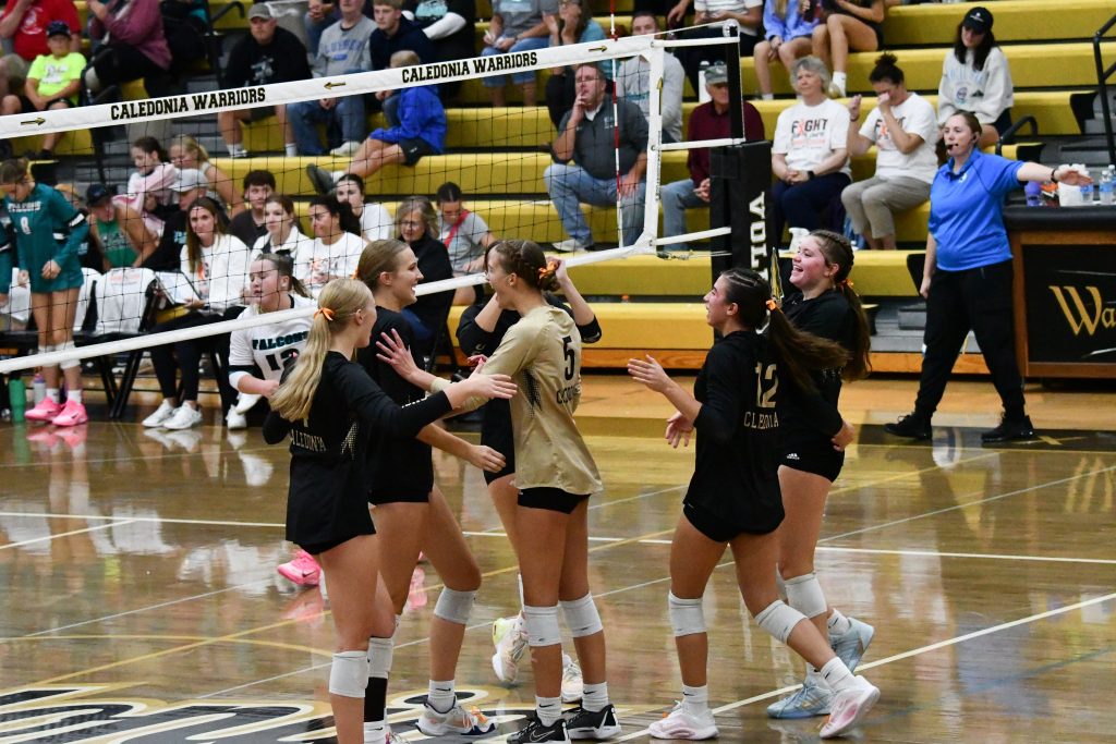 The Caledonia volleyball team celebrates a point during Tuesday's win over Fillmore Central. -- SUBMITTED PHOTO