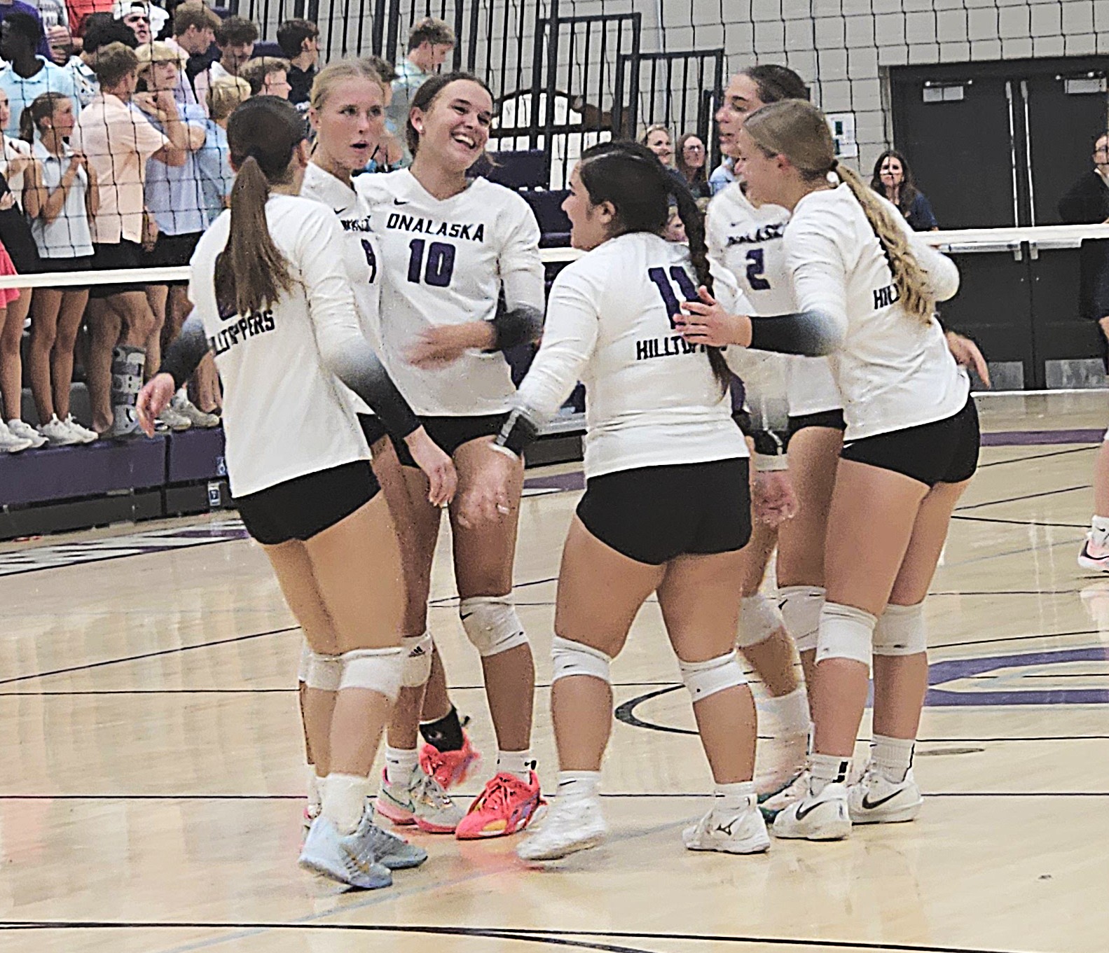 The Onalaska volleyball team celebrates a point during Tuesday's MVC win over Aquinas. -- TODD SOMMERFELDT PHOTO
