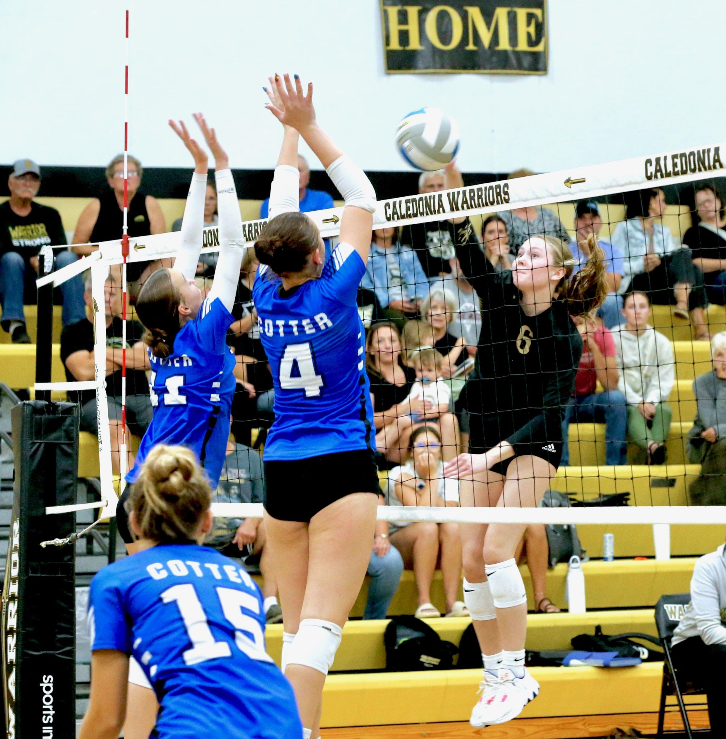 Caledonia's Adrienne Lange goes for a kill at the net. The Warriors are 16-3 overall and 7-0 in the Three Rivers Conference. -- CRAIG JOHNSON PHOTO