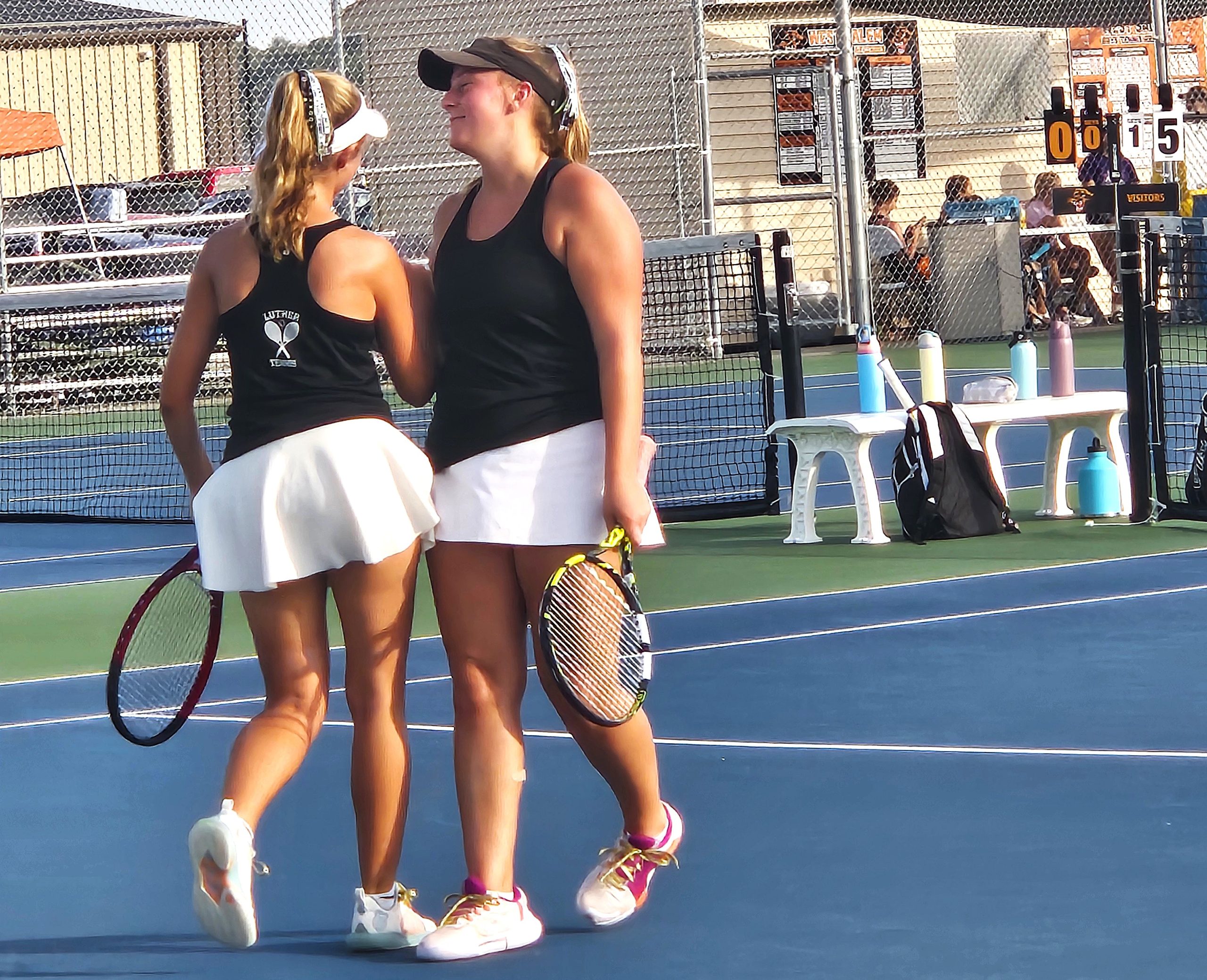 The Onalaska Luther No. 1 doubles team of Kenzie Olson and Keira Paus won their bracket in the pulee Conference tournament at West Salem on Tuesday. -- TODD SOMMERFELDT PHOTO