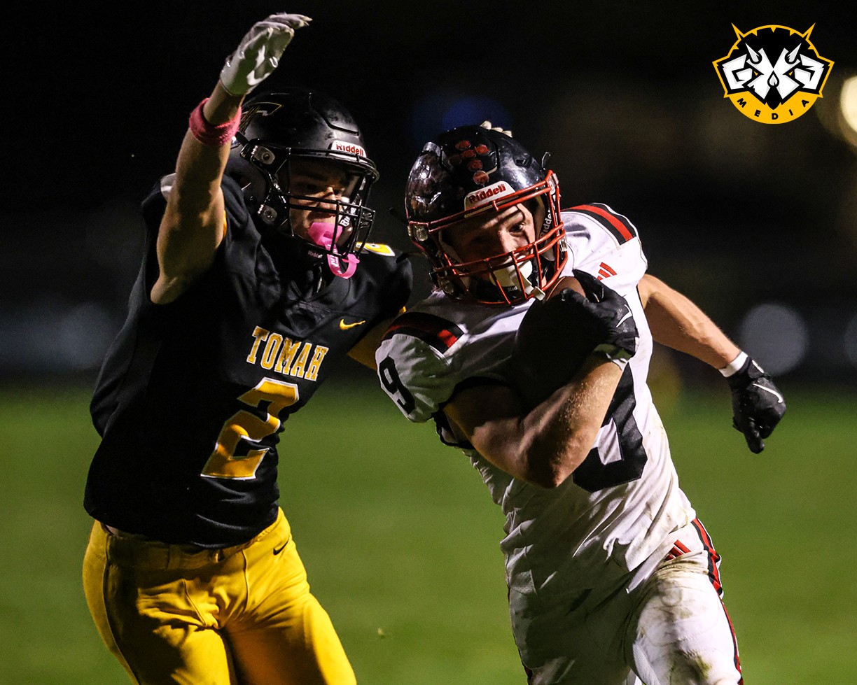 Central's Wyatt Foley races toward the end zone after catching a pass in the second quarter of Friday's game at Tomah. The reception set up the Riverhawks' third score of the night - a run by Christian Rudrud to set the advantage at 20-0 for the visitors. PHOTO BY NATE BEIER/GX3 MEDIA