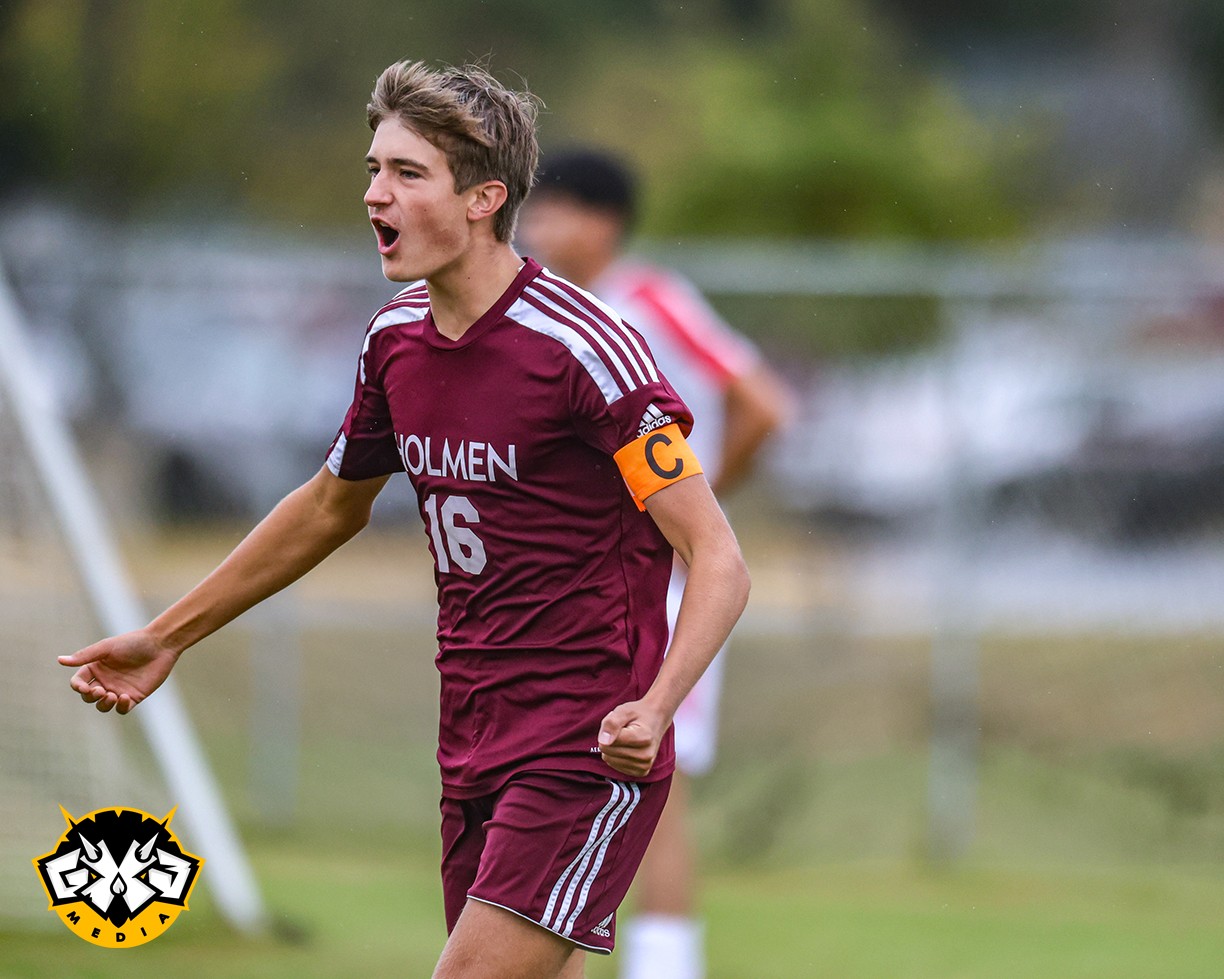 Holmen's Braylan Welch lets loose a celebratory howl after scoring a goal in the third minute of Tuesday's Mississippi Valley Conference finale with Arcadia. Photo by Nate Beier/GX3 Media