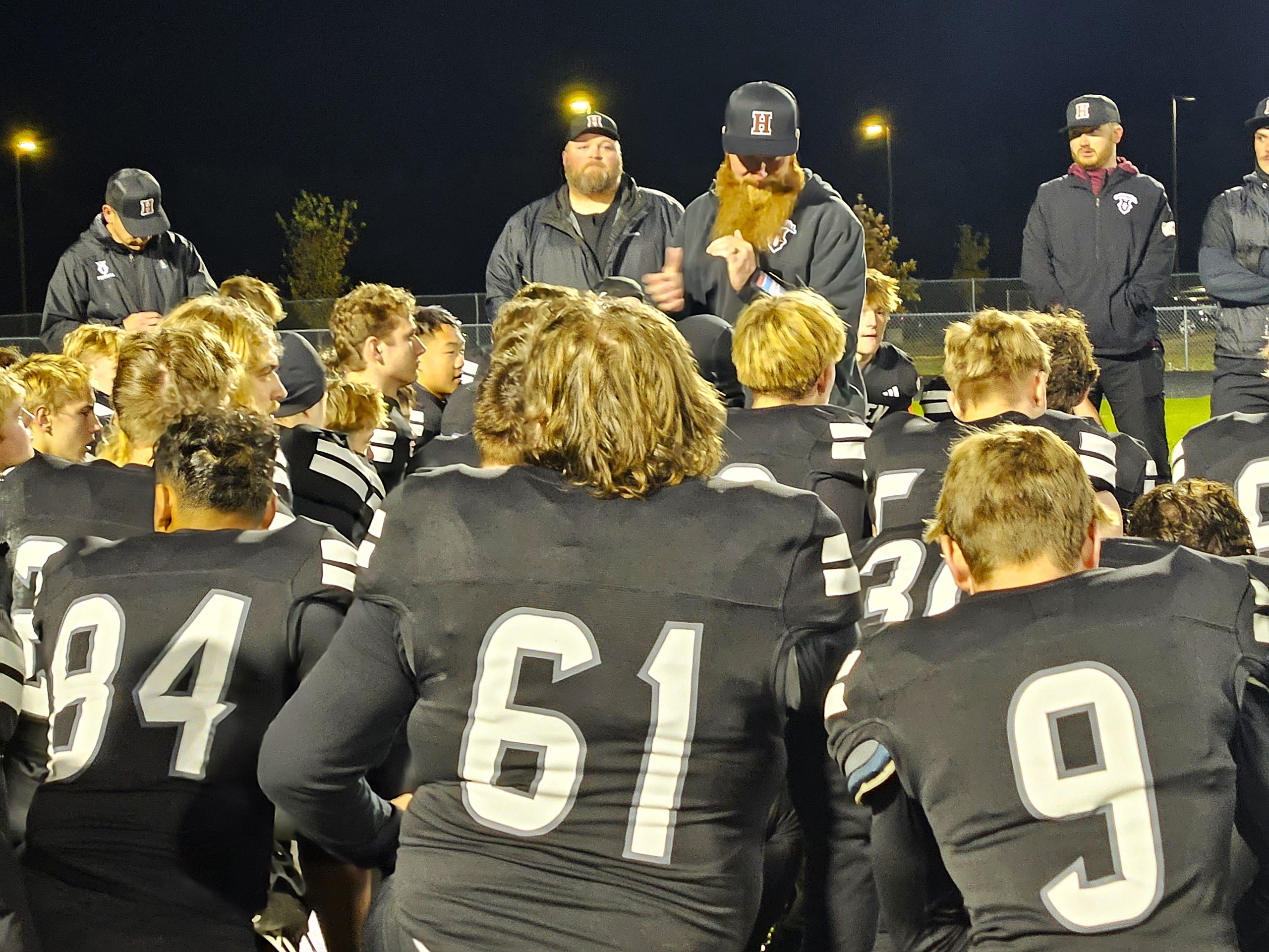 Holmen football coach Travis Kowalski talks to his team after a 23-13 WIAA Division 2 playoff loss to Nicolet. -- TODD SOMMERFELDT PHOTO
