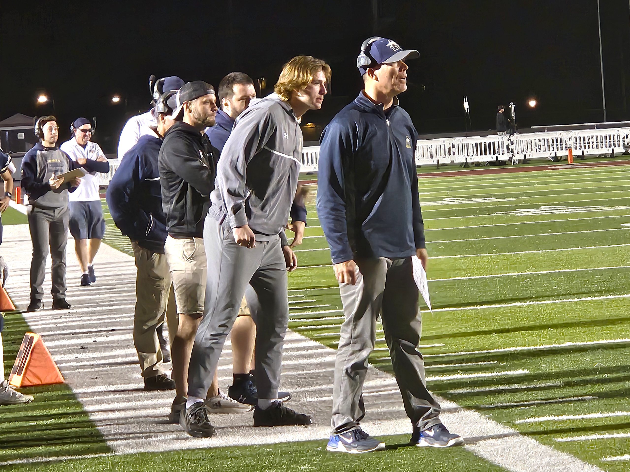 Aquinas football coach Tom Lee watches the action near the end zone during his team's game against West Salem. -- TODD SOMMERFELDT PHOTO