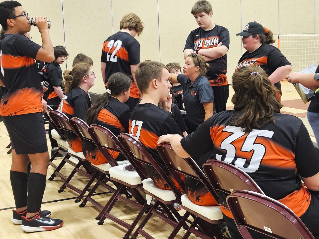 West Salem/Bangor ASL soccer coach Ashly Serres talks to her players during a timeouts at Monday's tournament championship game against Holmen at the Bernie L. Ferry Fieldhouse. -- TODD SOMMERFELDT PHOTO