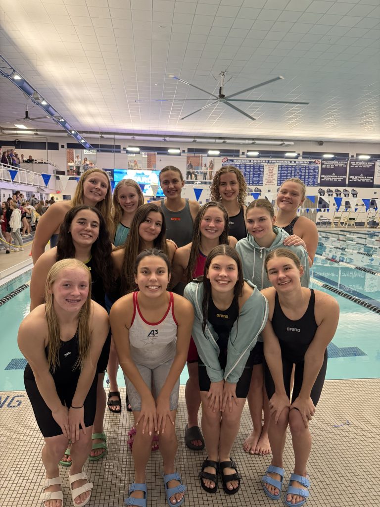 Members of the Holmen/Onalaska/Aquinas/G-E-T girls swim team smile after a big day at the Hudson Sectional gave them WIAA Division 1 state qualifiers for the first time since 2015. -- SUBMITTED PHOTO