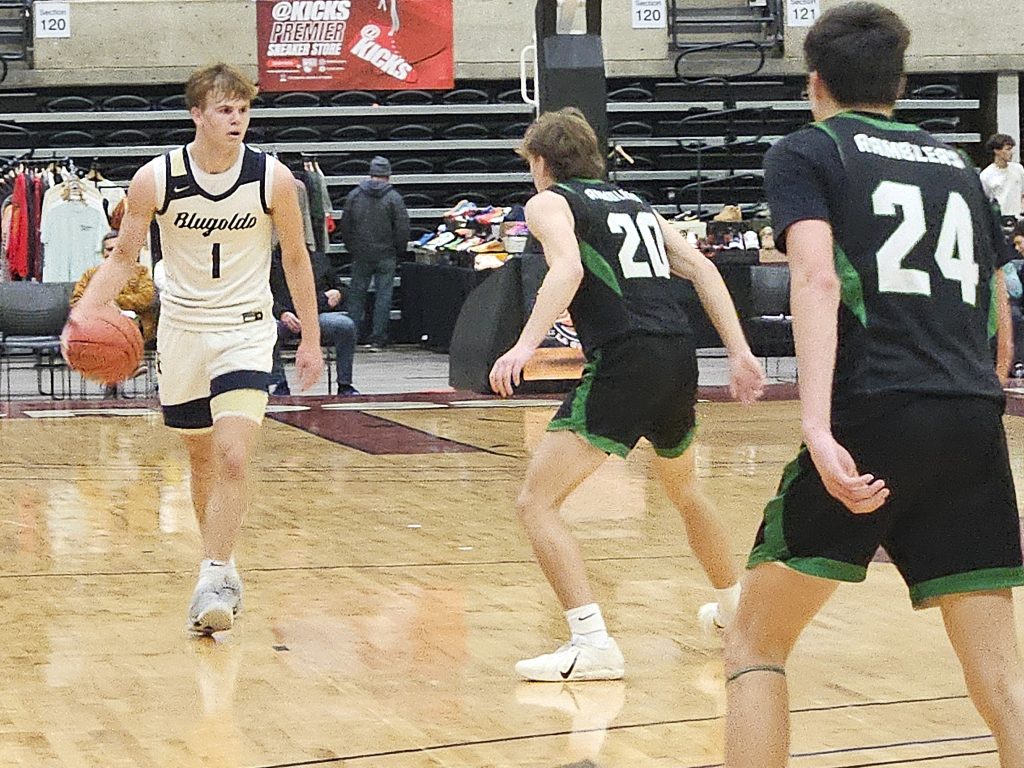 Aquinas junior Calvion Bahr walks the ball up the floor against Eau Claire Regis on Friday. -- TODD SOMMERFELDT PHOTO