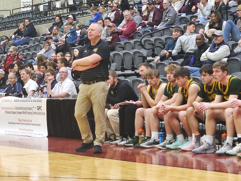 Melrose-Mindoro boys basketball coach Dave Cowley watches his team play North Crawford at the La Crosse Center. -- TODD SOMMERFELDT PHOTO