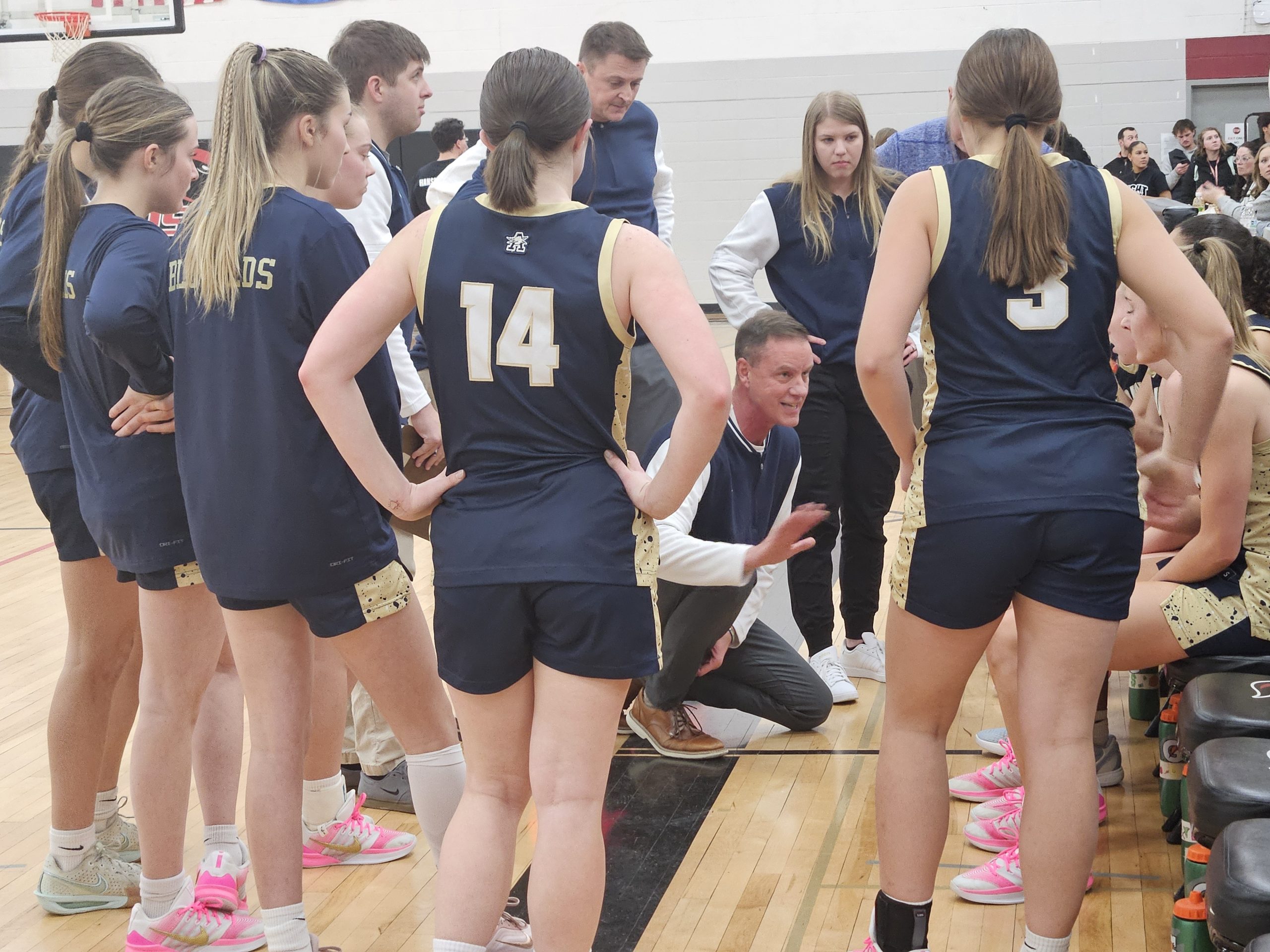 Aquinas girls basketball coach Dave Donarski talks to his team during a timeout against Central. -- TODD SOMMERFELDT PHOTO