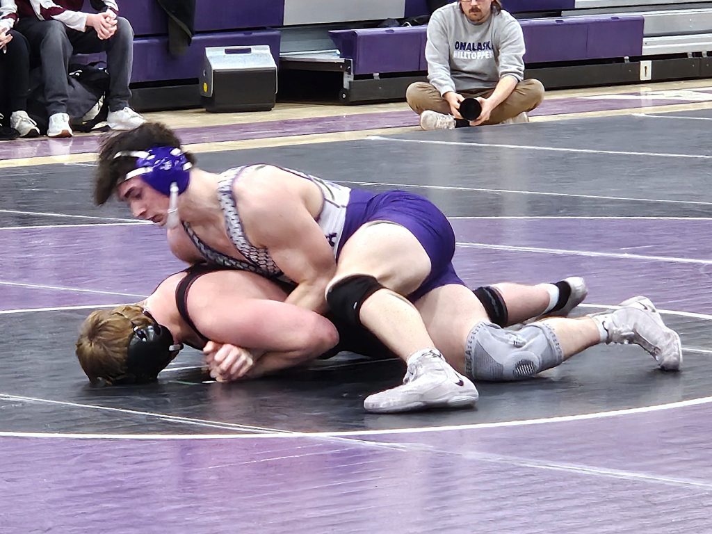 Onalaska/Luther senior Maximus Todd controls his opponent during a 190-pound wrestling match. -- TODD SOMMERFELDT PHOTO