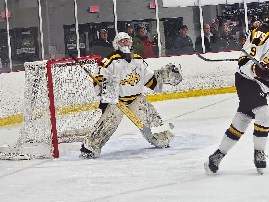 Avalanche goaltender Dane Adams prepares for the action coming his way during a game against Viroqua on Tuesday. -- TODD SOMMERFELDT PHOTO