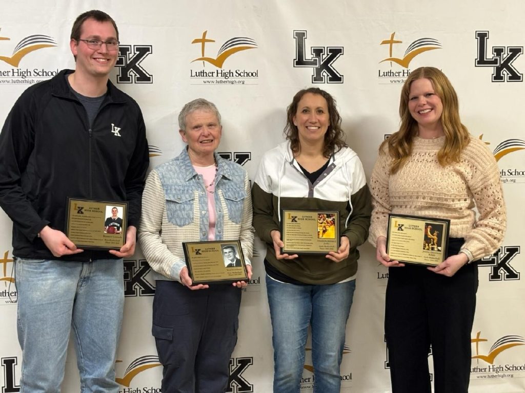 Bennett Loersch, Jolene Stratman (for Ken Stratman), Elisabeth Janke (Babinec) and Jessica Rohde (Stratman) are this year's inductees to the Luther Basketball Hall of Fame. -- SUBMITTED PHOTO