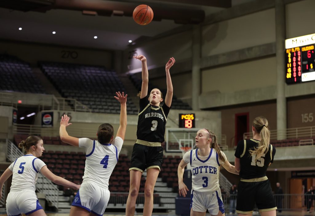 Caledonia senior Aubrie Klug shoots during a 70-51 Section 1AA quarterfinal win over Winona Cotter. -- CRAIG JOHNSON PHOTO