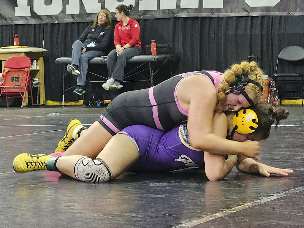 Holmen junior Avalee Euler competes in a 185-pound consolation match at the Kohl Center in Madison -- TODD SOMMERFELDT PHOTO
