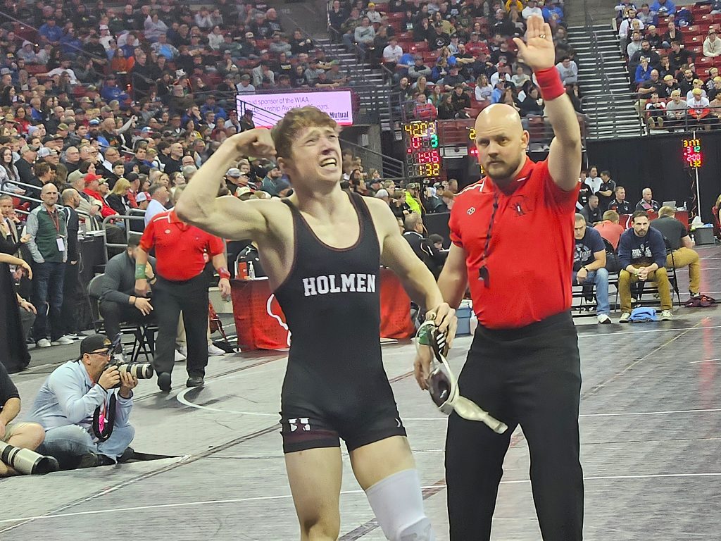 Holmen junior Brock Needham won his Division 1 126-pound semifinal match at the WIAA individual state tournament on Friday. -- TODD SOMMERFELDT PHOTO