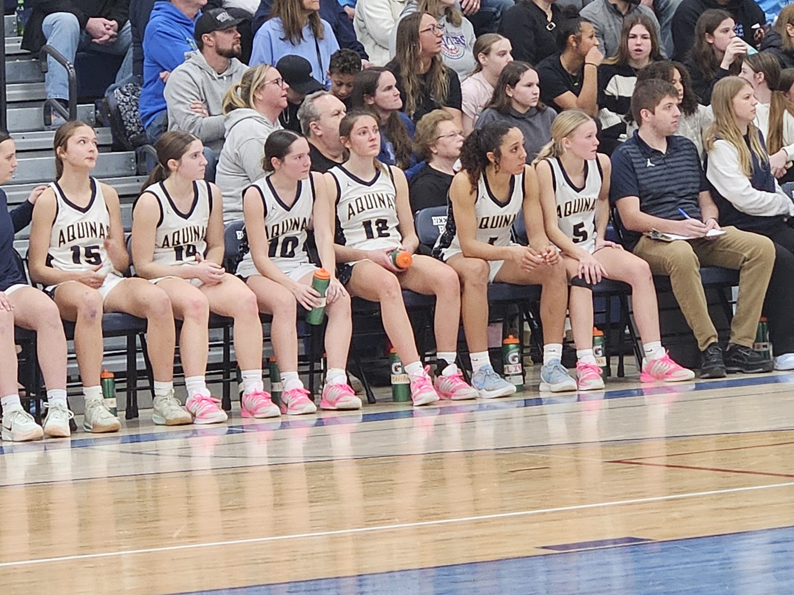 The Aquinas girls basketball team watches Wisconsin Dells dribble out the clock during a WIAA Division 3 sectional semifinal in Reedsburg on Thursday. -- TODD SOMMERFELDT PHOTO