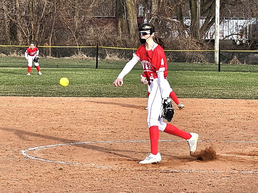 Sophie Schmitz unleashes a pitch during Logan's 22-0 softball victory over Black River Falls. -- TODD SOMMERFELDT PHOTO
