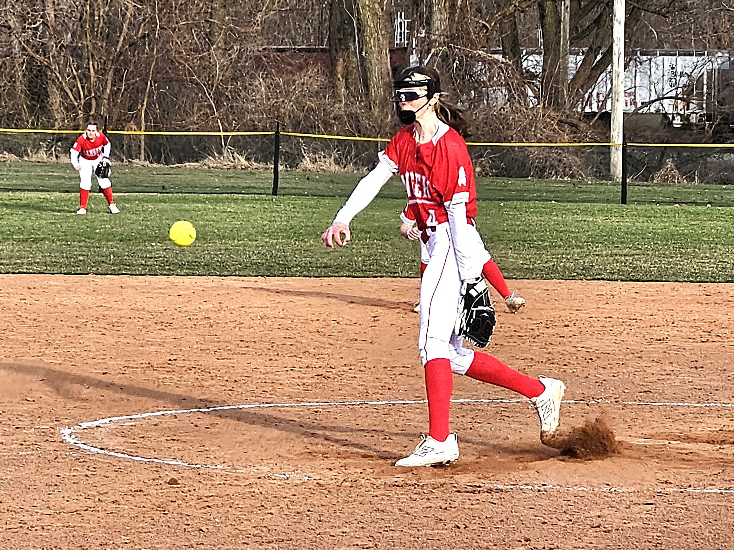 Sophie Schmitz unleashes a pitch during Logan's 22-0 softball victory over Black River Falls. -- TODD SOMMERFELDT PHOTO