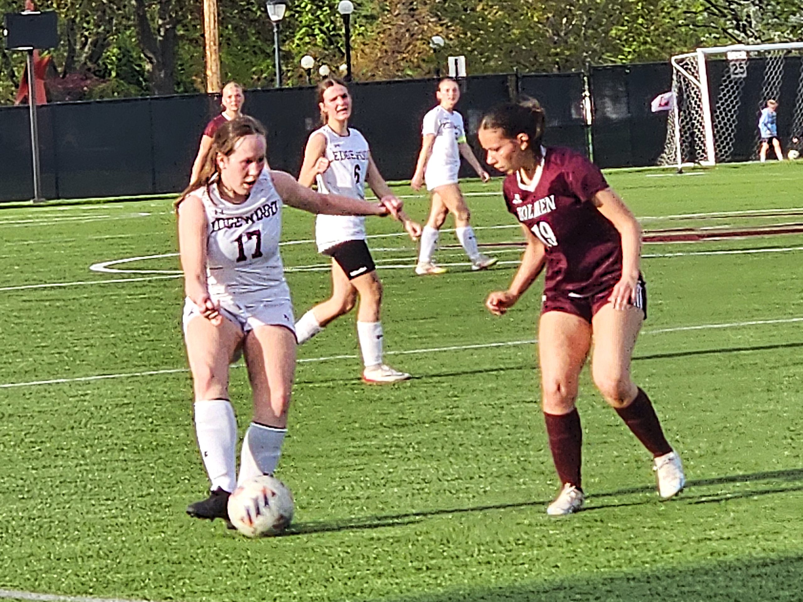 Holmen's Lauren Sommerville defends against Edgewood's Tessa Milner during Saturday's game at UW-La Crosse. -- TODD SOMMERFELDT PHOTO