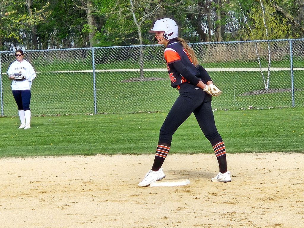 West Salem's Josie Brudos awaits the pitch while standing on second base against Aquinas. -- TODD SOMMERFELDT PHOTO
