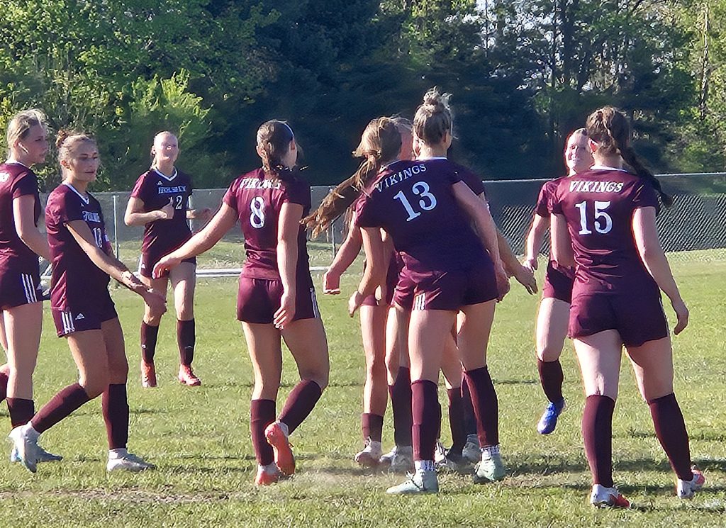 Players on the Holmen girls soccer team congratulate Ava Amundson (8) on her goal against Tomah. -- TODD SOMMERFELDT PHOTO