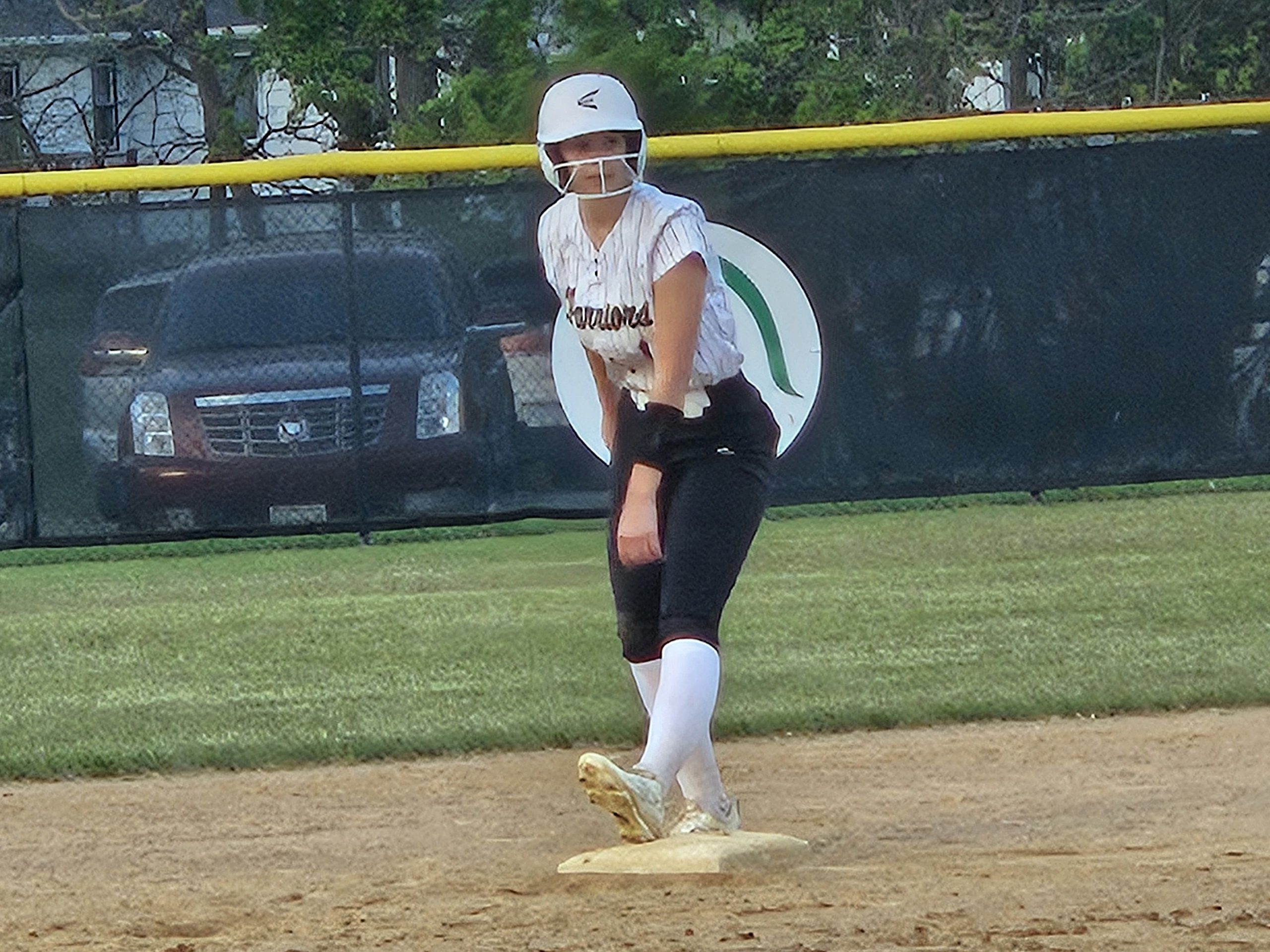 Caledonia's Vivian Kittleson is ready to run after a sixth-inning double against La Crescent-Hokah. -- TODD SOMMERFELDT PHOTO