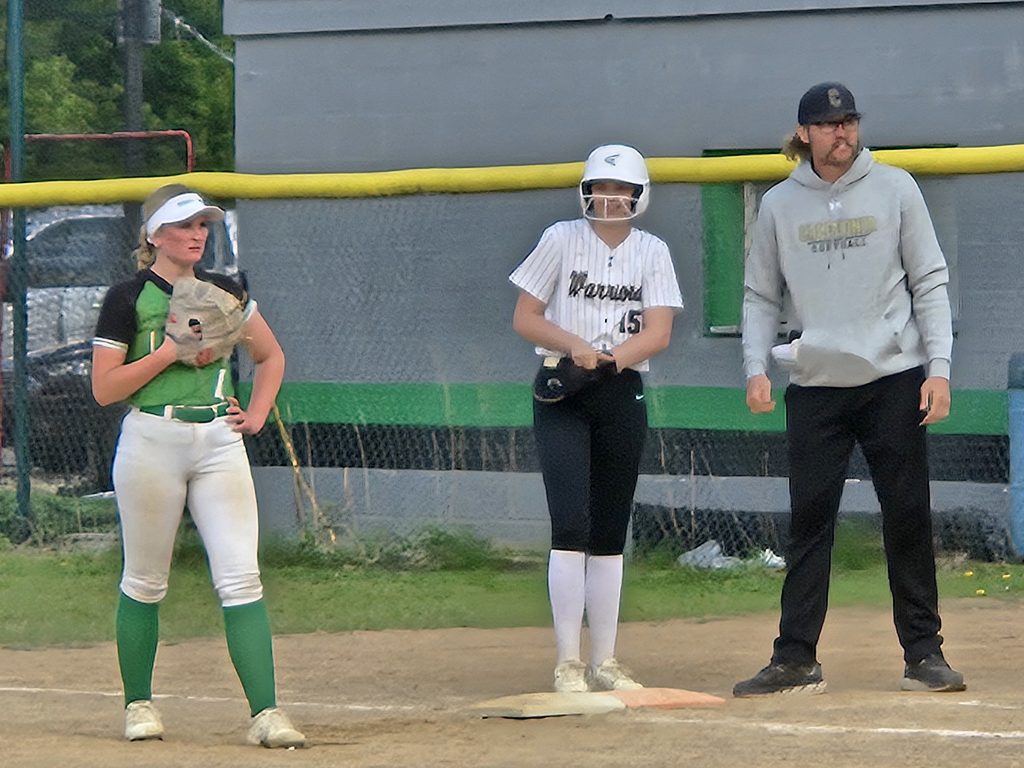 Caledonia junior Elsa Blum stands on first base after hitting a single. She is batting .600 this season. -- TODD SOMMERFELDT PHOTO