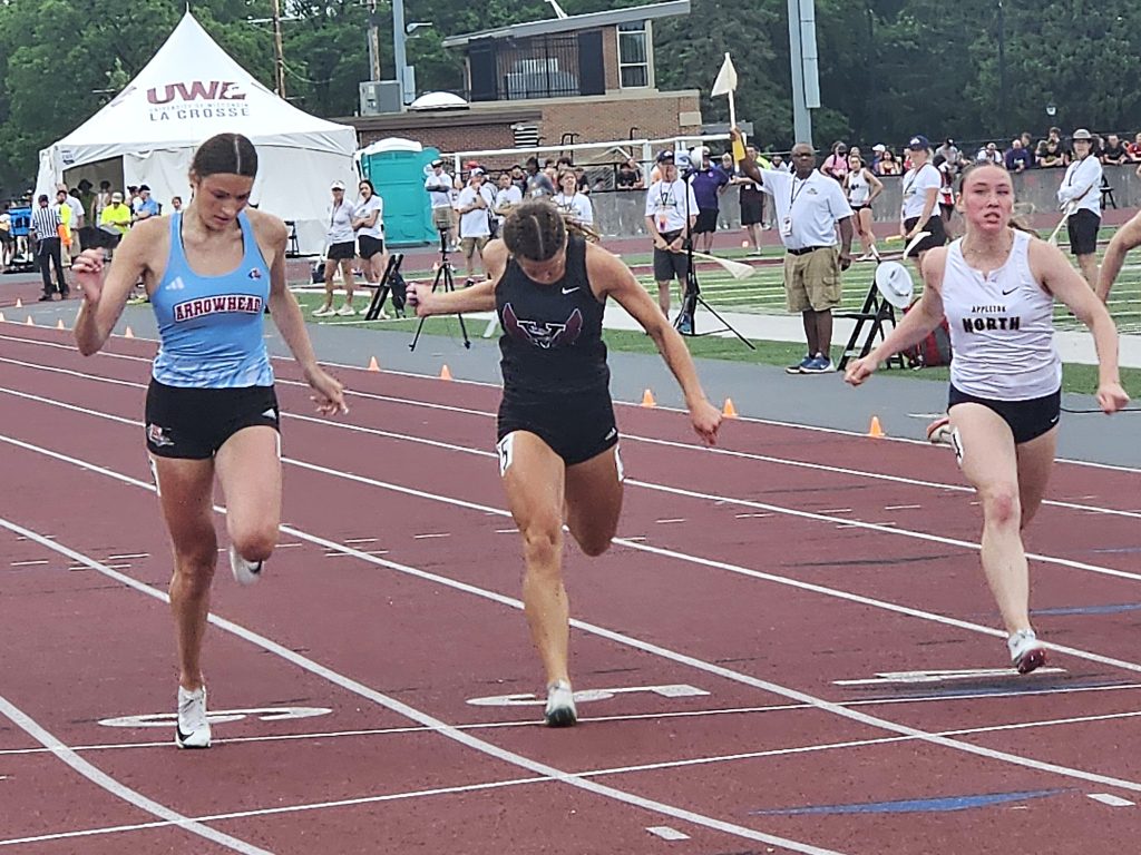 Holmen senior Abry Bloyer finishes her 100-meter prelim during the WIAA state track and field meet on Friday. -- TODD SOMMERFELDT PHOTO