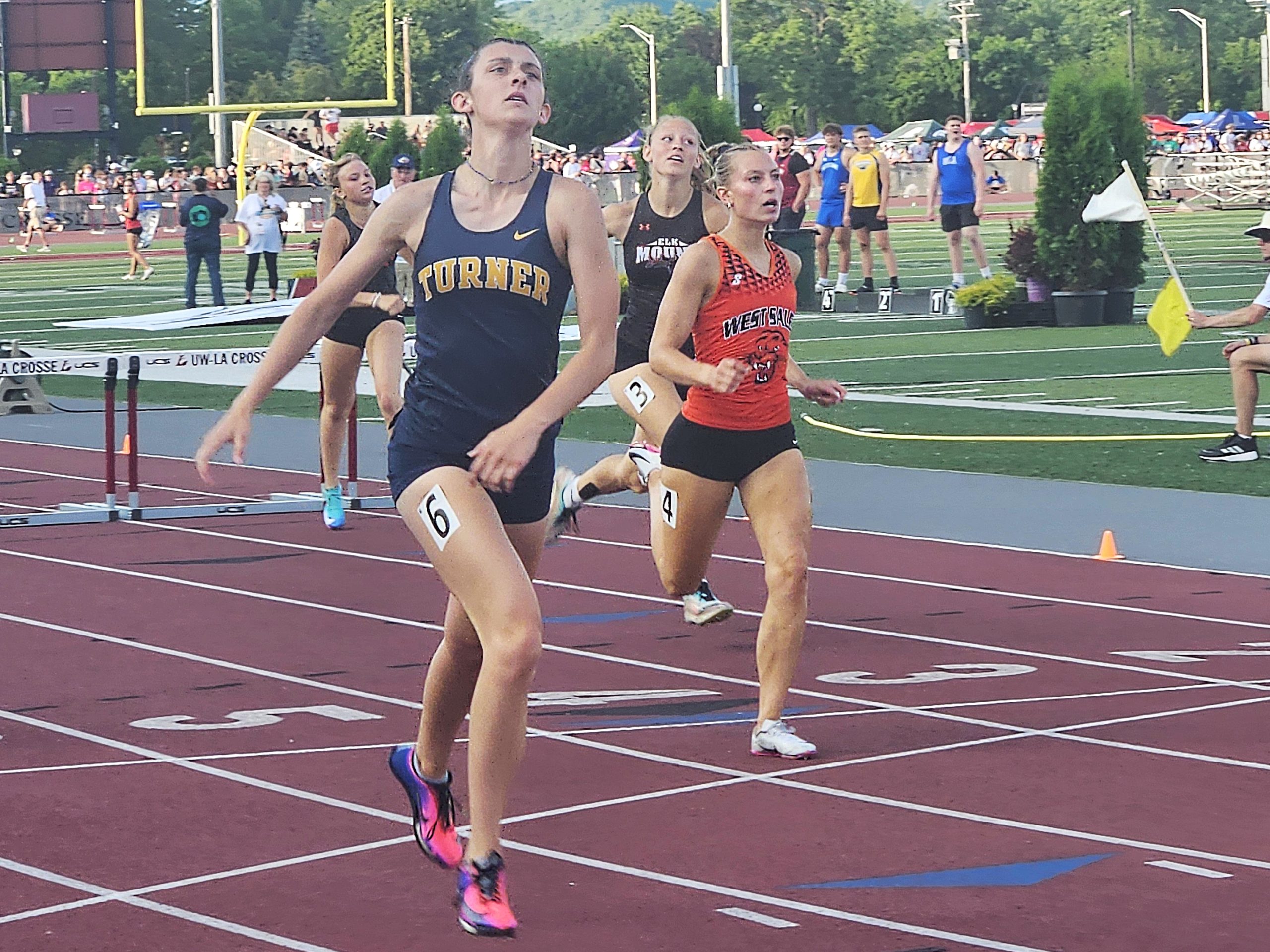 West Salem senior Olivia Maki finishes the Division 2 300-meter hurdles at the WIAA state track and field meet. -- TODD SOMMERFELDT PHOTO