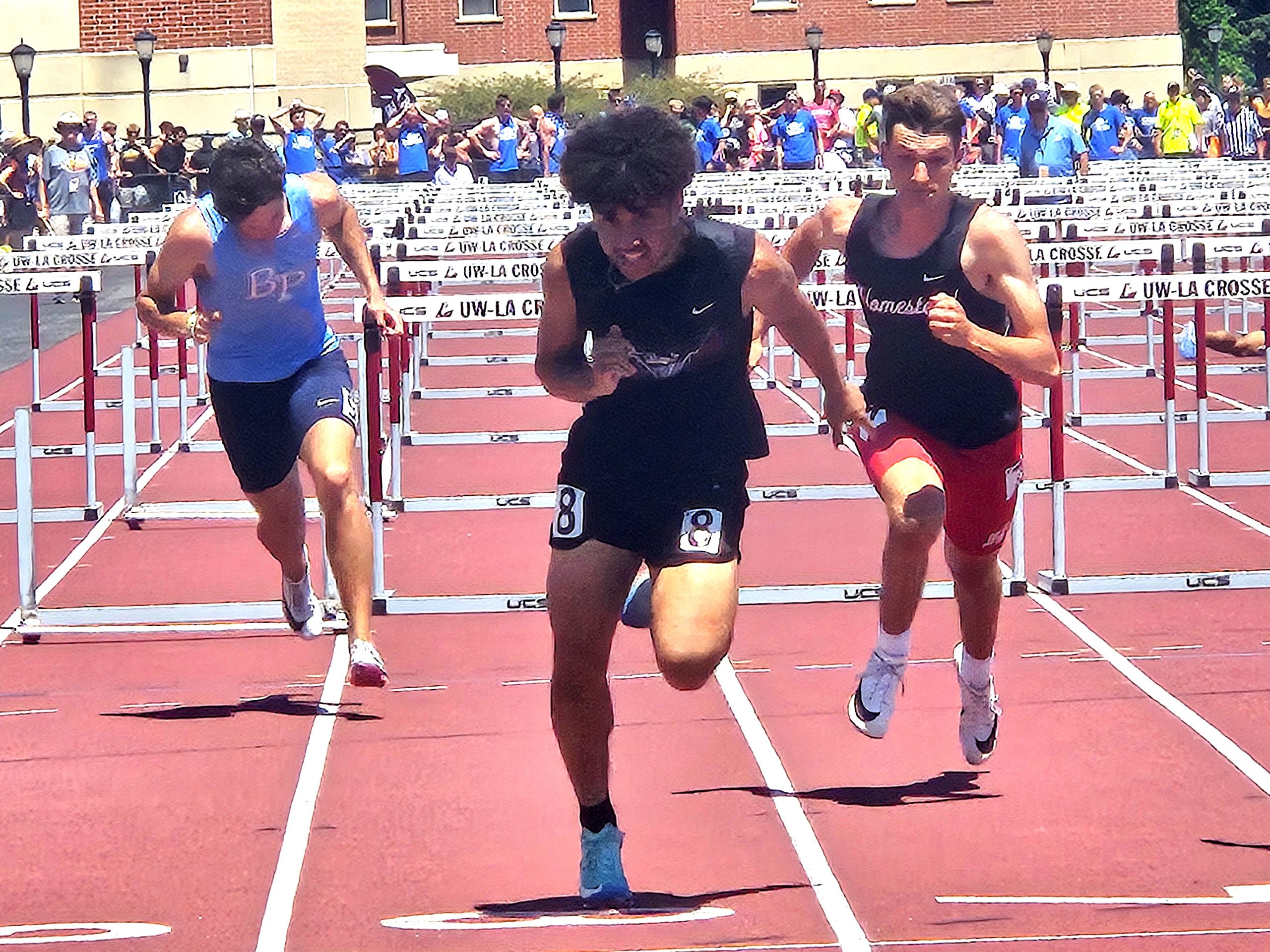 Holmen junior Jakai Ayed won the Division 1 110-meter hurdles Saturday at the state track and field meet. -- TODD SOMMERFELDT PHOTO