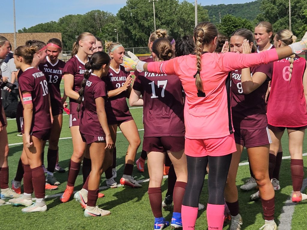 Holmen junior goalkeeper Moira Linse reaches out to hug junior teammate Lydia Sader after the Vikings won their first WIAA Division 2 sectional championship on Saturday. -- TODD SOMMERFELDT PHOTO